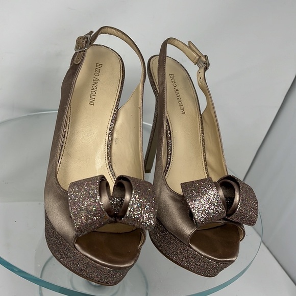 Enzo Angiolini Sz 8.5M Taupe Beige Satin and Glitter Peep Toe Stiletto Heels - Picture 4 of 11